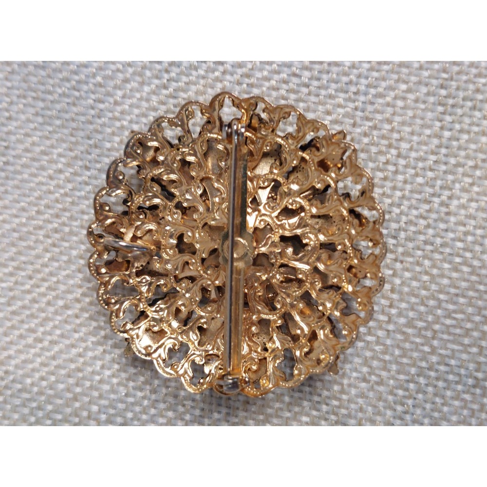 Black Cabochon Brooch Pendant Convertible Pin Faux Onyx Leaf Vintage Gold Tone - Picture 7 of 9